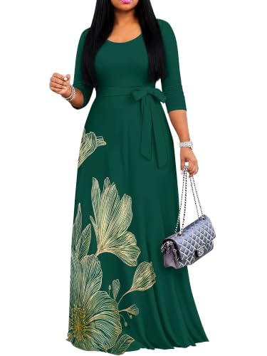 Image of PinkPatty Women's Plus Size Maxi Dresses Casual Flowy 3 /4 Sleeves Dress Printed Vacation Dress for Daily Wear with Belt