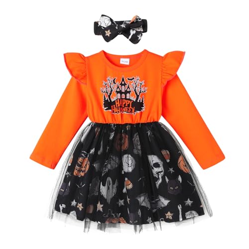 YOUNGER TREE Toddler Baby Girl Halloween Dress Little Kid Long Sleeve Pumpkin Ghost Printed Halloween Clothes with Headband