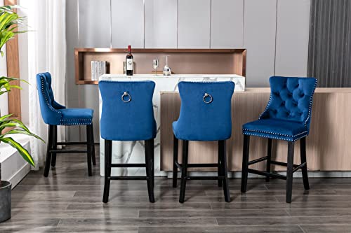 Meiboall 27" Blue Velvet Counter Height Chairs Set Of 4 With Back Upholstered, Wooden Legs, Button & Chrome Nailhead Trim, Contemporary Modern Kitchen Island Chairs Set Of 4 Tufted Bar Stools #TOP24