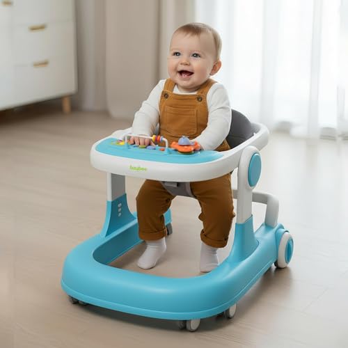 Image of Baybee Baby Walker with Rocker, Kids Walker with 3 Adjustable Height, Foot Mat, Rocking, Wheel Lock & Musical Toys| Activity Walker for Baby Kids | Push Walker Baby 6-18 Months Boy Girl (Blue)