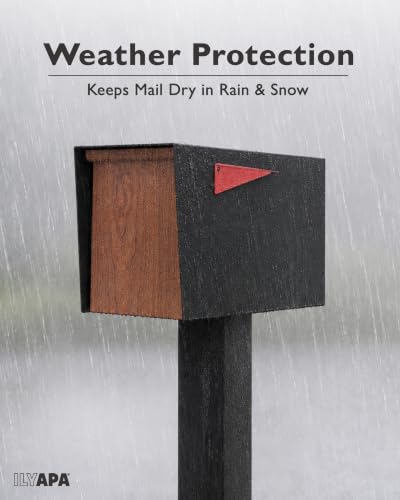 Image of Ilyapa Modern Mailbox for Post Mount - Black Powder Coated Metal Mailbox with Cherry Wood Door - Waterproof for Parcels, Recessed Magnetic Close Door