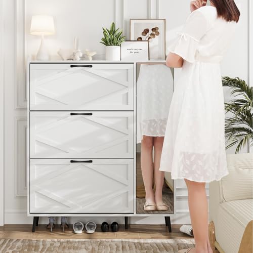 Image of Maupvit Shoe Cabinet with 3 Flip Drawers & Mirror, Hidden Shoe Storage Cabinet with 5 Wooden Legs, Slim Shoe Rack Cabinet with Shelves and Door for Entryway, Hallway, Living Room, White
