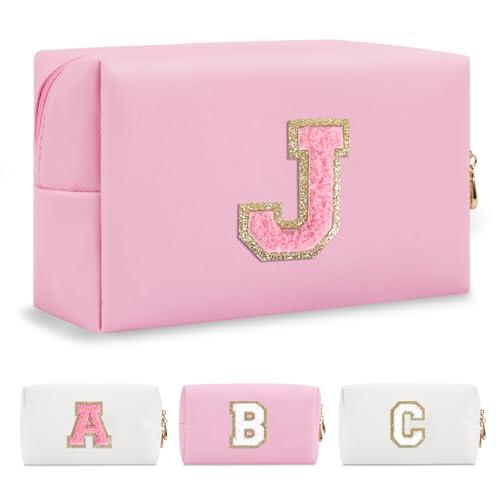 Personalized Initial A-Z Preppy Patch Makeup Bag,Small PU Leather Chenille Letter Cosmetic Bag with Zipper for Teen Girls,Pink Cute Travel Toiletry Bag,Birthday Monogrammed Gift for Daughter,Letter J
