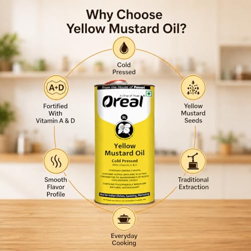 Image of Oreal Yellow mustard 5 Litres can, cold pressed unrefined mustard | Pili sarso cooking Oil (From the House of Pansari)