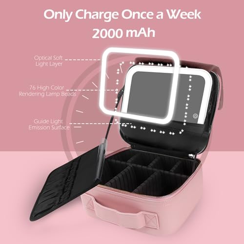 Image of MOMIRA Travel Makeup Bag Cosmetic Bag Makeup Organizer Bag with Lighted Mirror, Adjustable Brightness in 3 Color Scenarios, Waterproof Makeup Train Case, Gift for Women - Sapphire Pink(Woven)