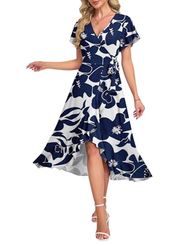 Image of AUSELILY Women Summer Midi Dresses Wrap Short Flutter Sleeve Elegant Dress | High Slit,High-waisted,Ruffled Hem,V-Neck,Fixed-strap Design,Skin-Friendly,Breathability,Wedding Guest Dresses