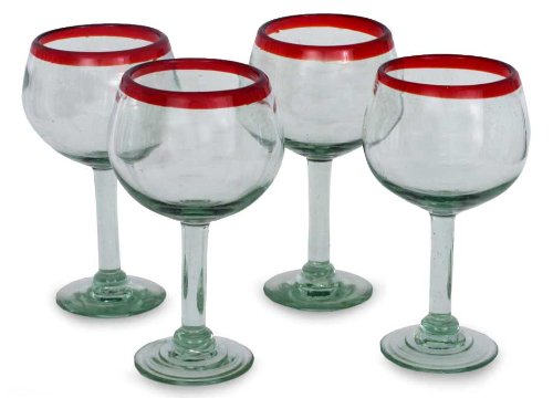 NOVICA Hand Blown Clear Red Recycled Glass Wine Glasses, 12 Oz 'Ruby Globe' (Set Of 4)