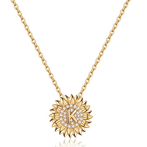 Dainty Sunflower Necklace Sunflower Gifts, CZ Initial K Sunflower Necklace for Women Letter Necklaces for Teen Girls Jewelry Sunflower Gifts for Women 14K Gold Initial Necklaces Sunflower Jewelry