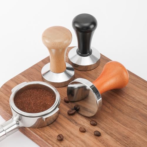 Ludom Tłuczek do kawy, 51 mm z drewnianym uchwytem, stempel do kawy, stal nierdzewna, ubijak do espresso, masywny ciężki, Barista Style (kolor ciemnego drewna)