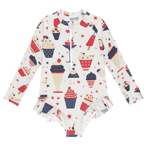 ALAZA Swimsuit for Girls Long Sleeve Rashguard Bathing Suit Dessert Ice Cream Star Quick Dry 4T
