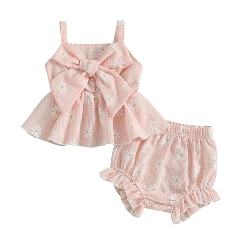 Baby Girl Summer Outfits Daisy Print Big Bow Sleeveless Camisole and Elastic Shorts Set (Pink, 0-3 Months)