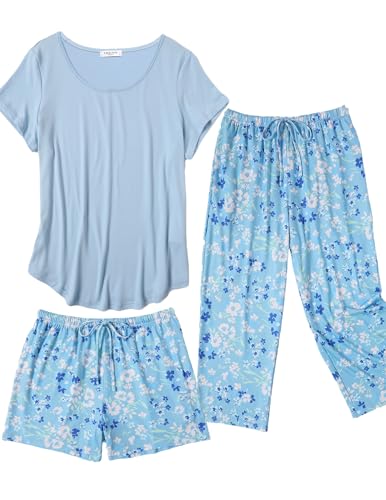 Image of Ekouaer 3 PCS Capri Pajamas for Women Set Short Sleeve Pajama Lounge Sets | Floral Pj Sets Top and Capri Pants Soft Comfy Sleepwear with Pockets for Home, Daily Wear for Mom, Wife, Grandmother