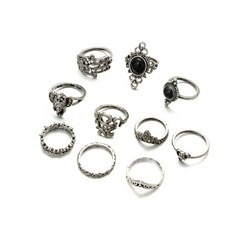 MISSU JEWELLRY 10 Pcs Metal Punk Style Finger Ring Set Gemstone Elephant Palm Charms Ring Set for Women