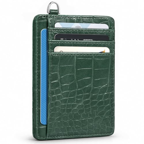 Image of Coco Rossi Crocodile Wallet Women Slim Credit Card Holder with Keychain | Luxury Wallets, Alligator Print, RFID Blocking, ID Case, Small Minimalist, Womens Girls Gift, Forest Green Croc