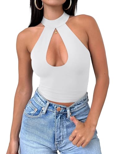 REORIA Women's Summer Sexy Criss Cross Halter Neck Trendy Sleeveless Party Cute Y2K Clubwear Datenight Tank Tops Concert Outfits for Women (White Small)