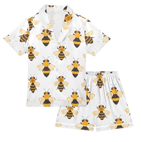 ALAZA Yellow Black Bee Satin Pajamas Set Short Sleeve Button Down Sleepwear Summer Pjs 2 Piece