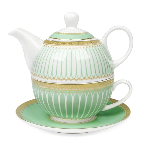 fanquare Tea for One Set mit Goldrand, Grünes Teekannen Set für Erwachsene, Keramische Kaffeetasse mit Untertasse, Klassisch Gestreift