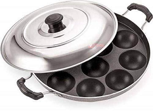 Image of KSJ Non Stick Aluminium Appam Maker Pan | Appam Pan | Idli Maker | Pancake Maker with Side Handle Lid Cover | Ponganal Maker Pan (Mini Uttapam & Appam Pan)