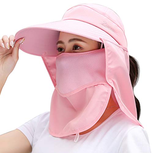 Image of Women Wide Brim Face Mask Sun Hat Detachable Neck Face Flap Ponytail UV Protection Visor Hat Garden Fishing Hiking