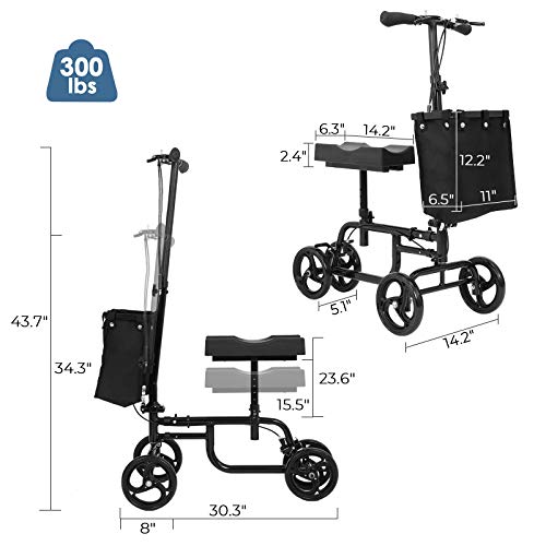 Bable Knee Walker with Basket, Steerable Knee Scooter with Dual Braking System Crutches Alternative, Foldable Leg Walker Black