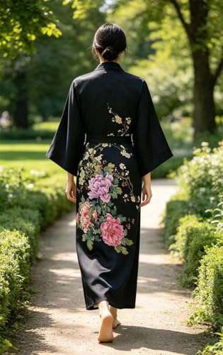 Image of Women's Classic 100% Silk Kimono Robe, Bathrobe-Printed Pattern