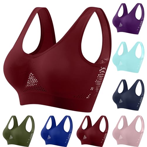 Breathable Anti-Sagging Sports Bra for Women Plus Size Wireless Bras with Cooling Lift-Up Air Tech Mesh High Support Wine Lace Bralettes for Women 2X