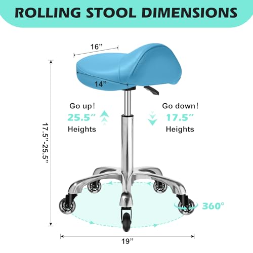 Image of Saddle Stool Chair with Wheels, Ergonomic Thicker Saddle Seat Design for Healthy Sitting Posture, PU Leather, Rolling Saddle Stool with Silent Rubber Wheels Adjustable for Salon Massage Home, Blue