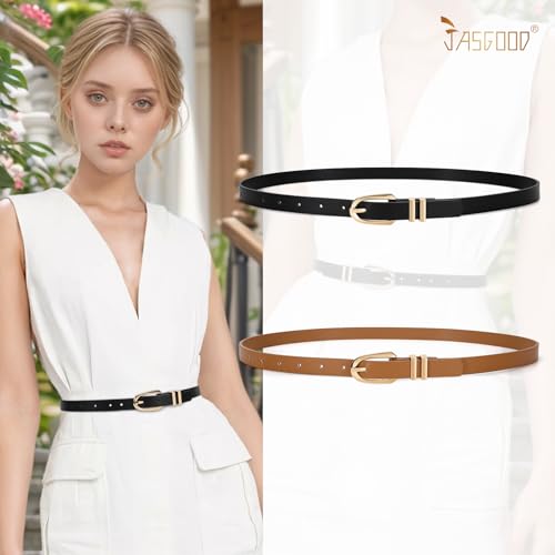 JASGOOD 2 Pack Women Skinny PU Leather Belt Ladies Thin Leather Plus Size Waist Belt for Jeans Dress with Gold Buckle2