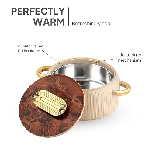Image of CELLO Castella Insulated Steel Casserole Set of 3 Pcs (1000ml, 1000ml, 1500ml) Gold Beige | Airtight Lid Hot Pot Case Keeps Food Hot & Warm for Long Hours, Casserole Set for Roti Chapati Rice Biryani