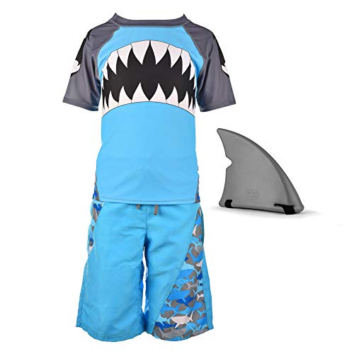 Fin Fun Boys Blue Shark Rash Guard, Board Short, Shark Fin Swim Suit Set (Youth M)