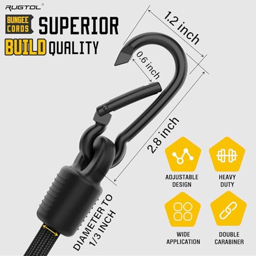 Image of Bungee Cords with Hooks, 96 inch Adjustable Bungee Cords with Carabiner Hooks, Easy to Adjust from 7 to 96 inch Black Elastic Bungee Straps with Clips Heavy Duty for Bike, Cargo, Tarps, 6 Pack