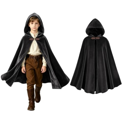 QPAXUCR Renaissance Hooded Cape Round Metal Buckle Witch Cloak for Halloween Cosplay (Black S(110-130))
