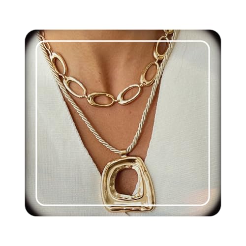 Doubnine Layered Gold Chain Statement Necklace, Geometric Pendant, Twisted Link Design
