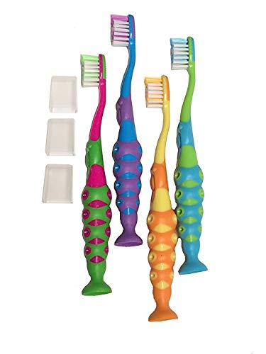 Secret for Longevity 4-Pack of Kids Children Boy Girl Toddler Extra Soft Bristle Easy Grip BPA Free Toothbrush Set w/Suction Base and Travel Dust Covers