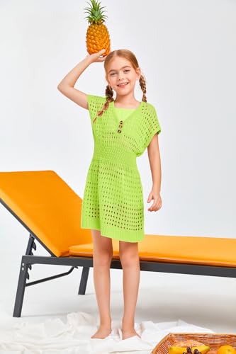 Image of Haloumoning Girls Crochet Swim Beach Cover Up Kids Fashion Button Short Sleeve Swimsuits Cover Ups 5-14 Years