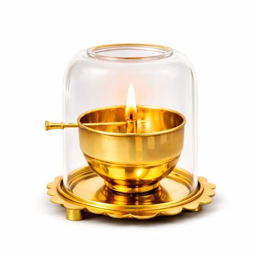 Kutti Nest Akhand Diya with Glass Cover & Adjustable Wick | Medium Size Brass Diya with Screw Thread Batti Control | Long-Burning Puja Lamp with Lid & Protective Chimney Premium Quality