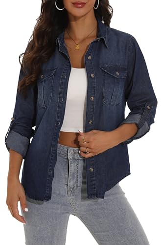 GUANYY Womens Denim Button Down Shirt Long Sleeve V Neck Jean Shirts Western Chambray Blouse Top