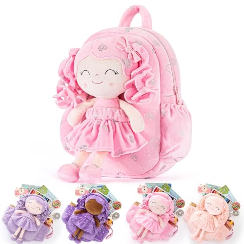 Gloveleya Mochila infantil para bebês meninas presentes cabelo cacheado pelúcia boneca vestido mochila crianças mochila cabelo encaracolado amor coração - rosa coração amoroso 28 centímetros