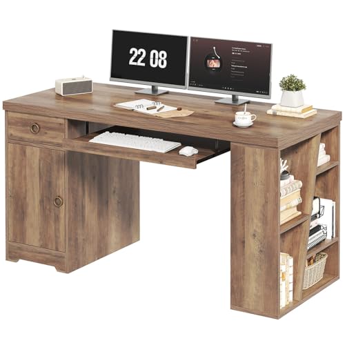 HSH 55 Inch Executive Office Desk with Drawers, Farmhouse Computer Desk with Keyboard Tray and Storage, Rustic Wood Work Study Writing Pc Table Studio Desks Home Workstation with Shelves and Cabinet