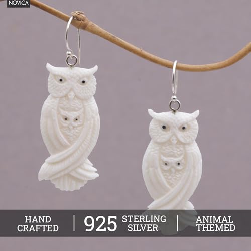 NOVICA Handcrafted .925 Sterling Silver Bone Dangle Owl Family | Handmade Artisan | Aretes de buho | Jewelry Dangle Earring | Carved Bone | Animal Themed Earrings2