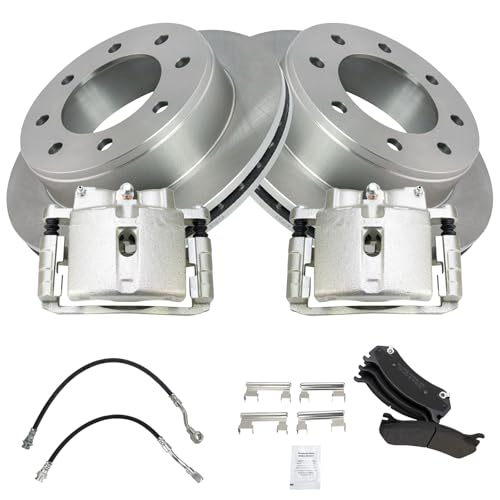 Image of TRQ Rear Brake Pad and Rotor Kit Semi-Metallic Compatible with 2002 Chevrolet Silverado 1500 HD 1999-2001 Silverado 2500 2001 2500 HD GMC Sierra 1500 Sierra