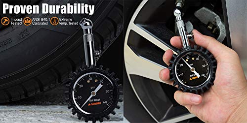 Summit Tools Tire Pressure Gauge with Glow Dial, 0 to 60 PSI, Hold Valve, 10 in. Flexible Hose, Pressure Bleeding Button, Rubber Head Cover. Automobile Accessory