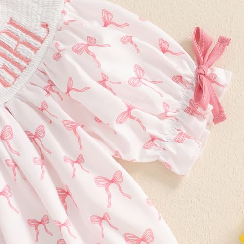 Lamuusaa Toddler Baby Girl Birthday Outfit Smocked Birthday Girl Embroidery Romper Bow Print Bodysuit Summer Outfit4
