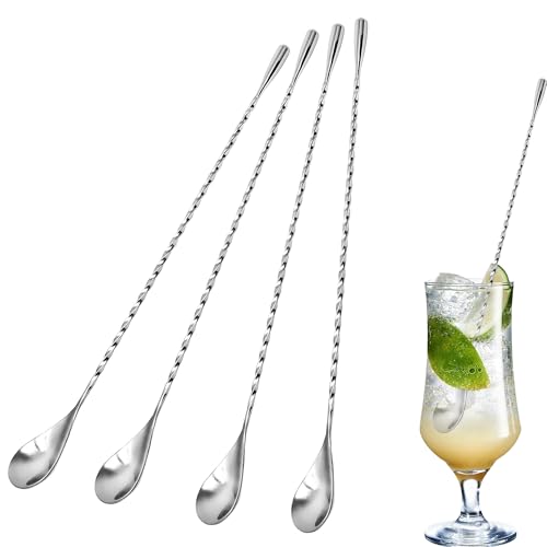 4PCS Cocktail Stirrers, Stainless Steel Mixing Spoon, 10 Inch Long Bar Cocktail Shaker Spoon with Spiral Pattern Teardrop End Design, Drink Stirrer for Home Bartender Coffee Tea Honey(Silver)