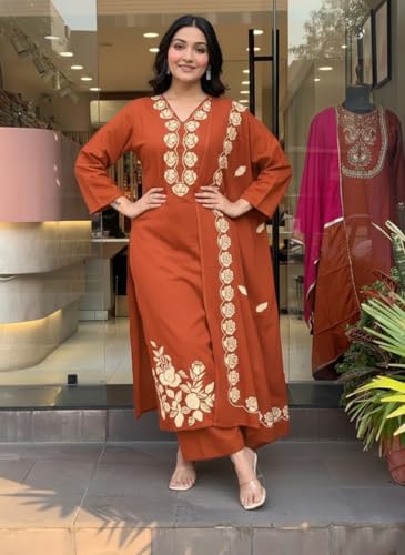 Image of ANNI Designer Women Embroidered Straight Kurta Palazzo Dupatta Set Rayon Viscose Kurti Pant Set Ladies Ethnic Wear for Office Festive Daily Use