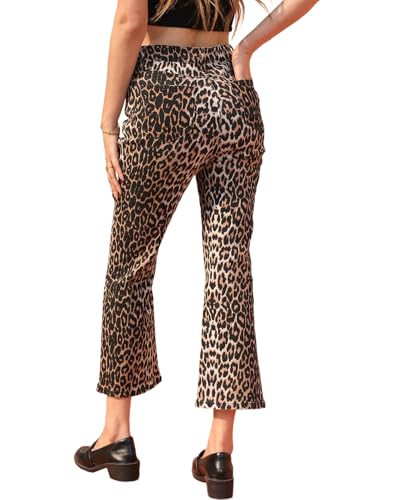 Women's Leopard Bell Bottom Jeans Cropped Mid Rise Stretchy Cheetah Print Flared Demin Pants3