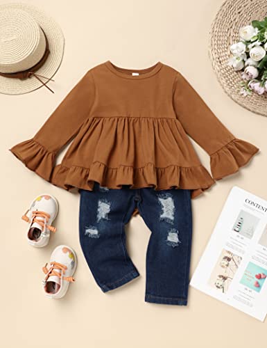Image of Toddler Girl Clothes Long Sleeve Ruffle Dress Top and Jeans Pants Toddler Girl Fall Outfits