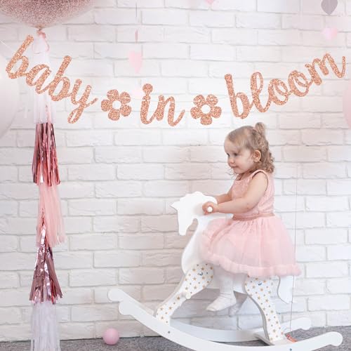 Image of Baby in Bloom Banner, Floral Theme Baby Shower Decorations, Spring Baby Shower Gender Reveal Pregnancy Announcement Party Decorations, Rose Gold Glitter