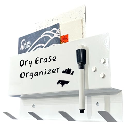 4-Hook Wall Organizer with Whiteboard - Keys, Mail, Coat Hanger for Home & Dorm. Includes Marker & Magnets- Sable Flow