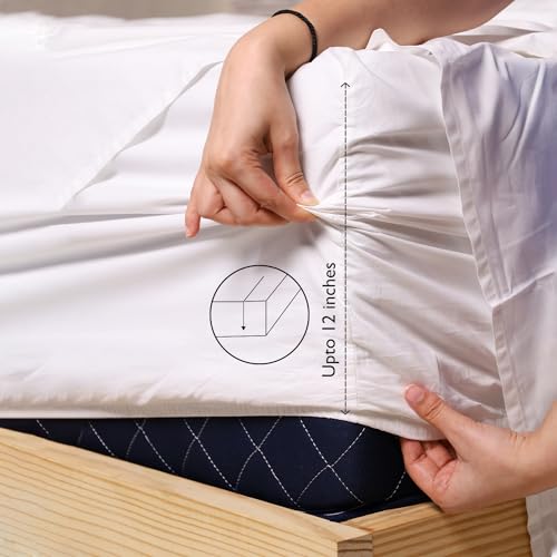 Image of LINENWALAS Solid 300 Tc 100% Pure Cotton Percale Fitted Sheet for Queen Bed Size Bedding with Pillow Cover for Bedroom, Soft Hotel Quality Bottom Bedsheets with Elastic Deep Pocket (60x78 Inch, White)